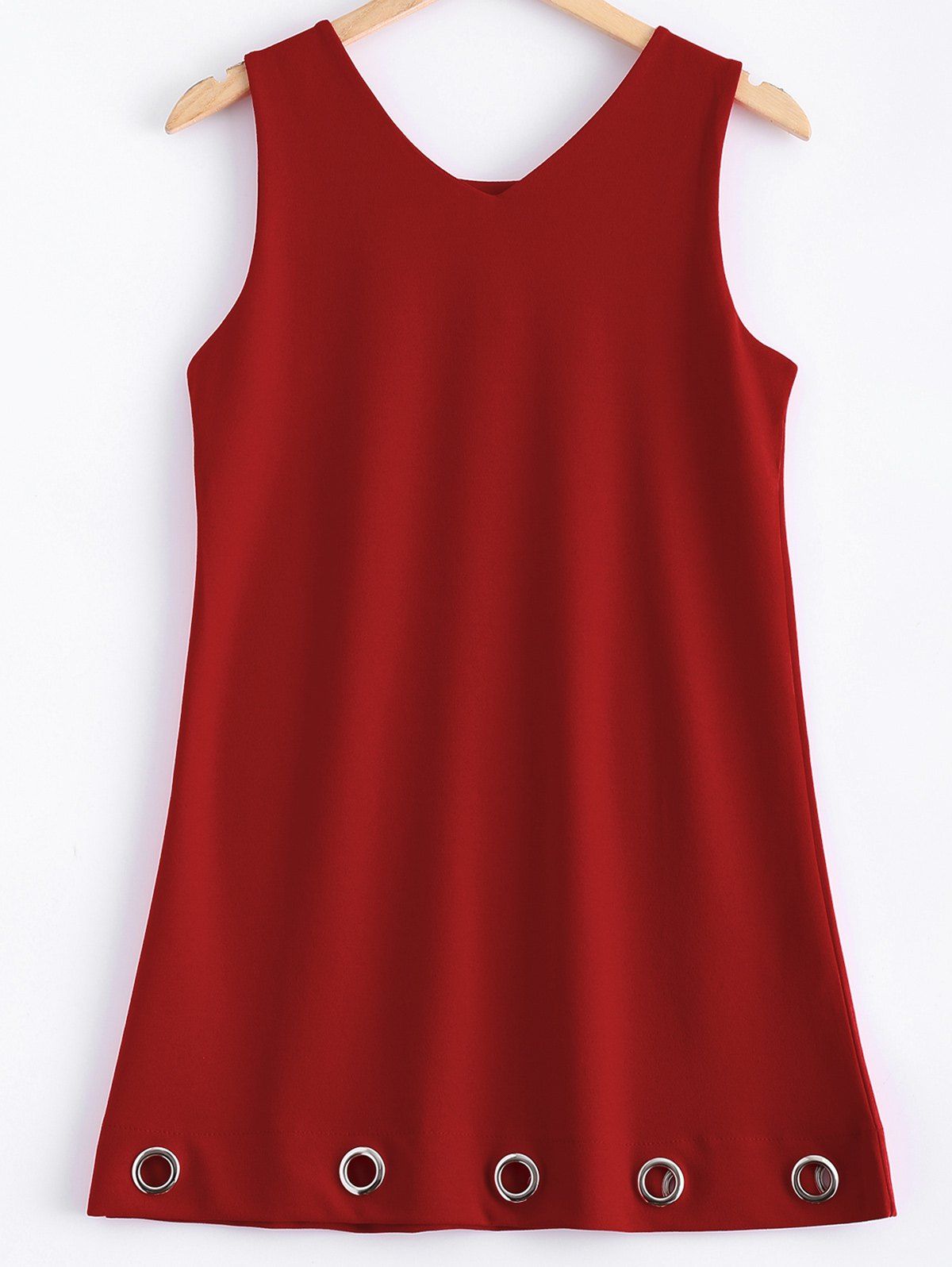 

V-Neck Eyelet Button Embellished Tent Dress, Red