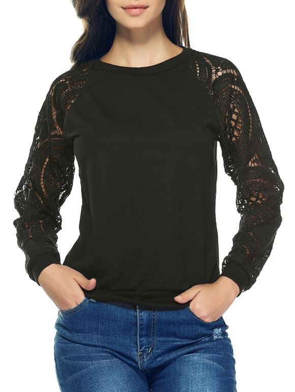 Lace Crochet à manches longues col rond Sweatshirt - Noir XL