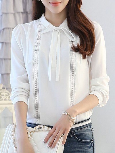 Bow Collar manches longues évider Splicing Blouse - Blanc S