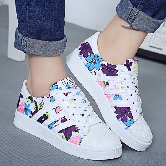 Lace-Up Floral Sneakers Print Design - Blanc 39