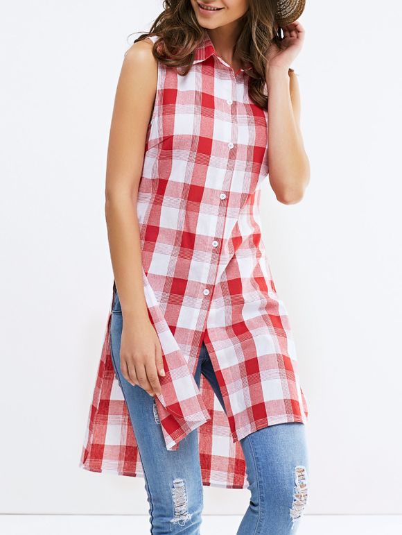 Mode Shirt col Broadside Slit manches Lattice shirt pour femme - Rouge et Blanc XL