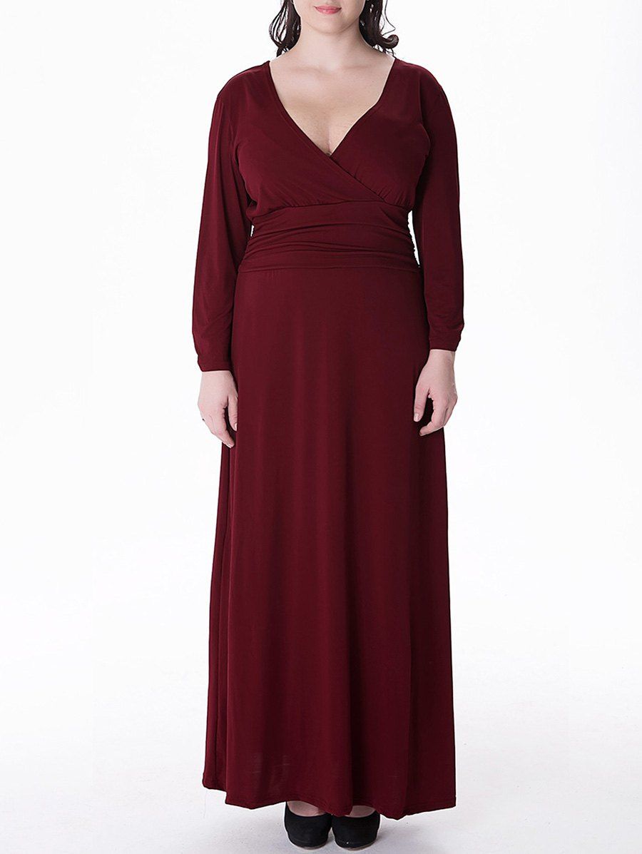 

Plus Size Long Surplice Formal Dress with Sleeves, Wine red