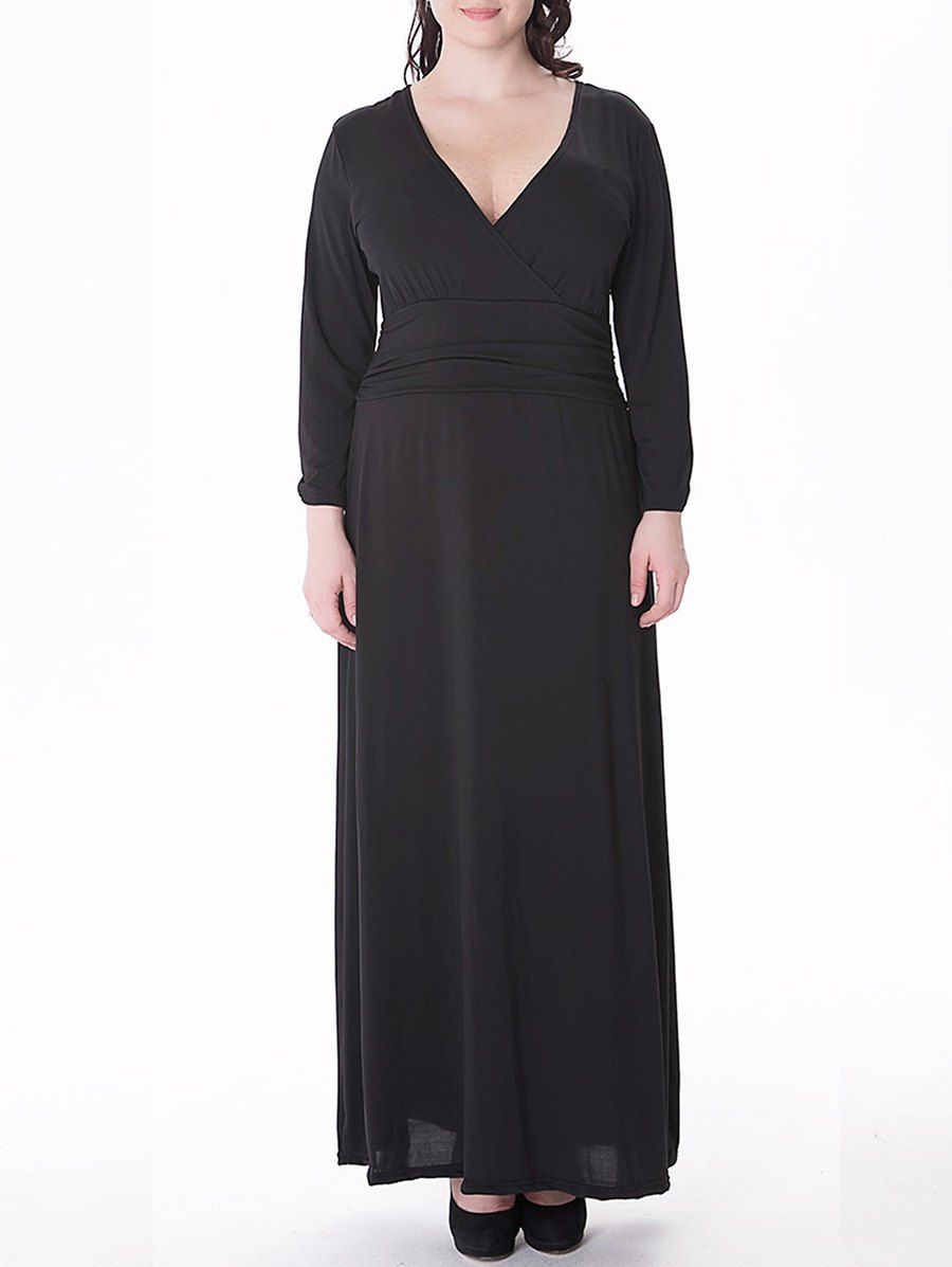 

Plus Size Long Surplice Formal Dress with Sleeves, Black