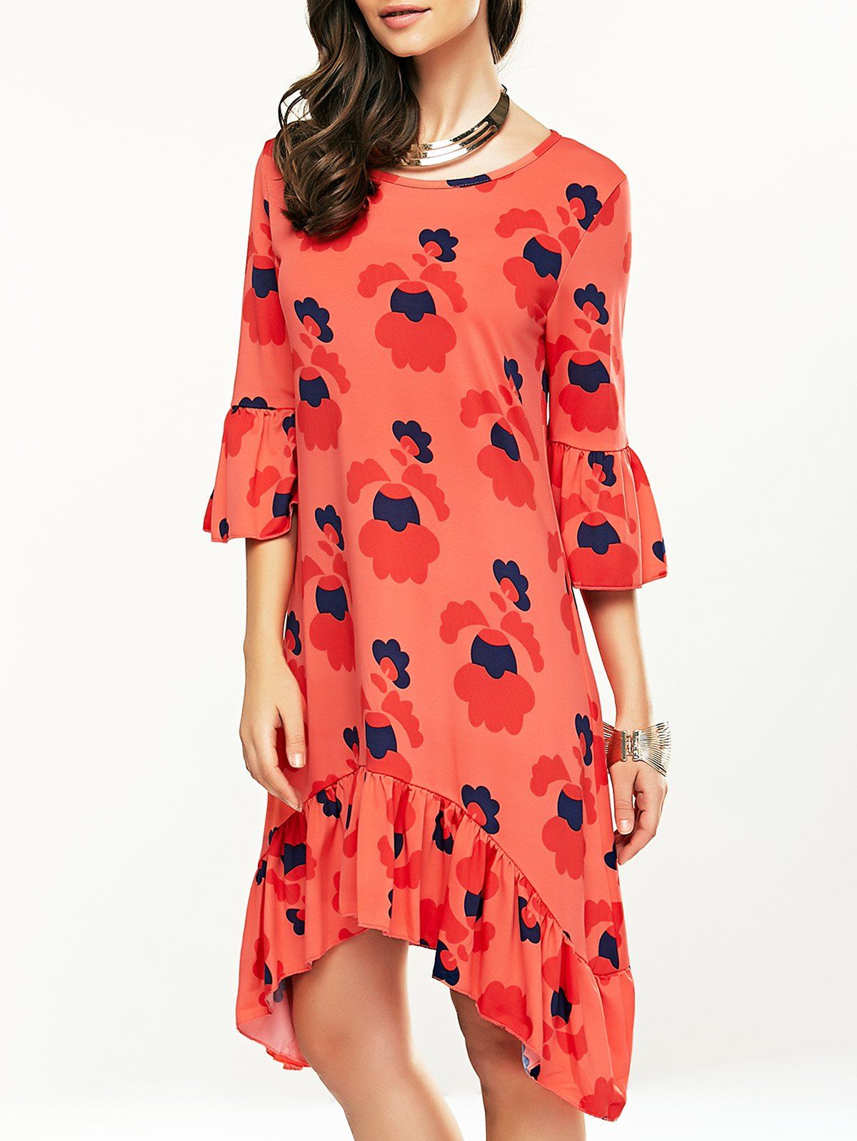 

Printed Flounce Trim Asymmetrical Casual Dress, Jacinth