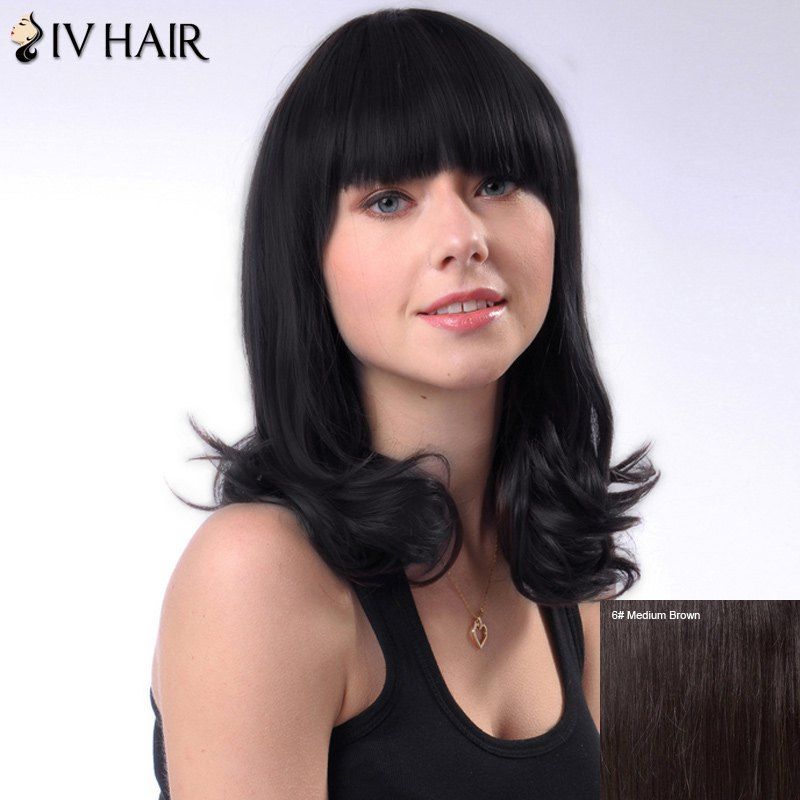 

Fluffy Curly Siv Hair Medium Layered Full Bang Human Hair Wig, Medium brown