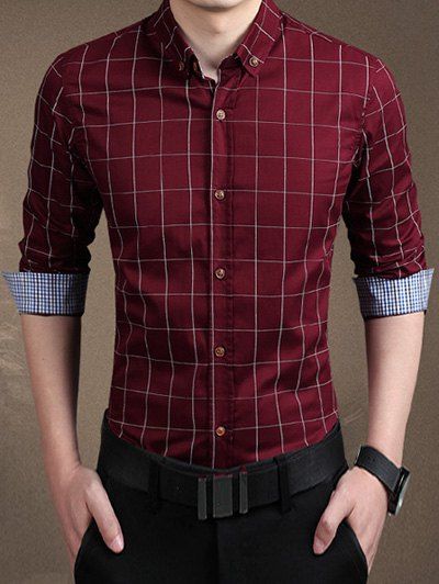 

Plaid Long Sleeve Casual Button-Down Shirt, Wine red