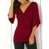 Wrap Plunge Neck Slimming Blouse - WINE RED L