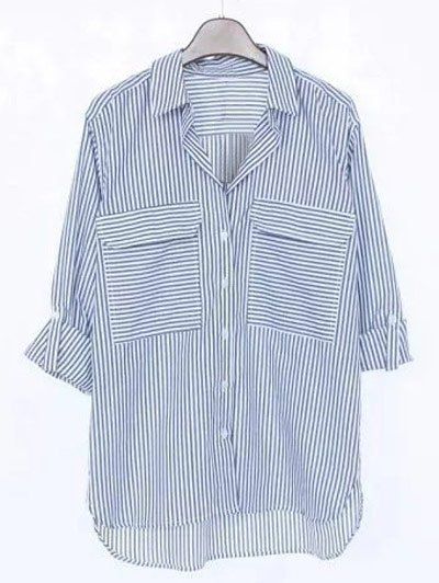 

Striped Pocket Design Boyfriend Shirt, Blue