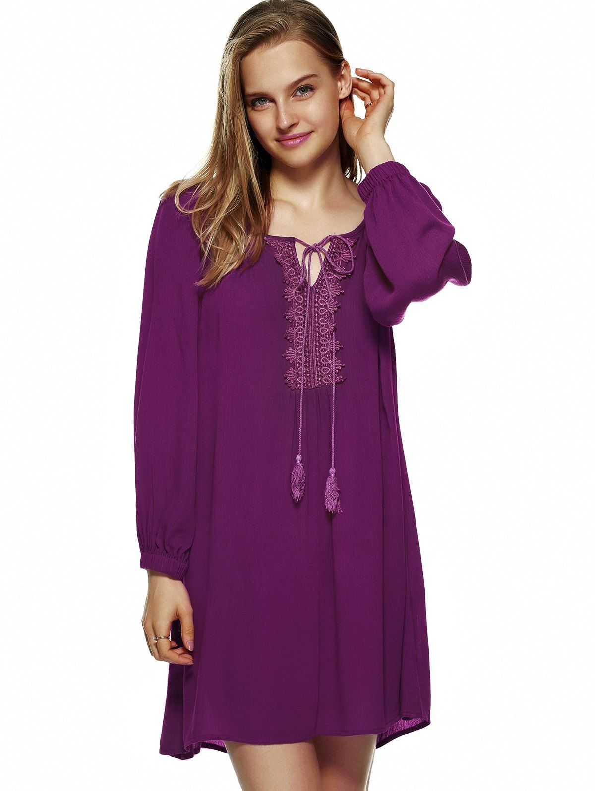 2018 Long Lantern Sleeve TieFront Tunic Dress AMETHYST M In Long
