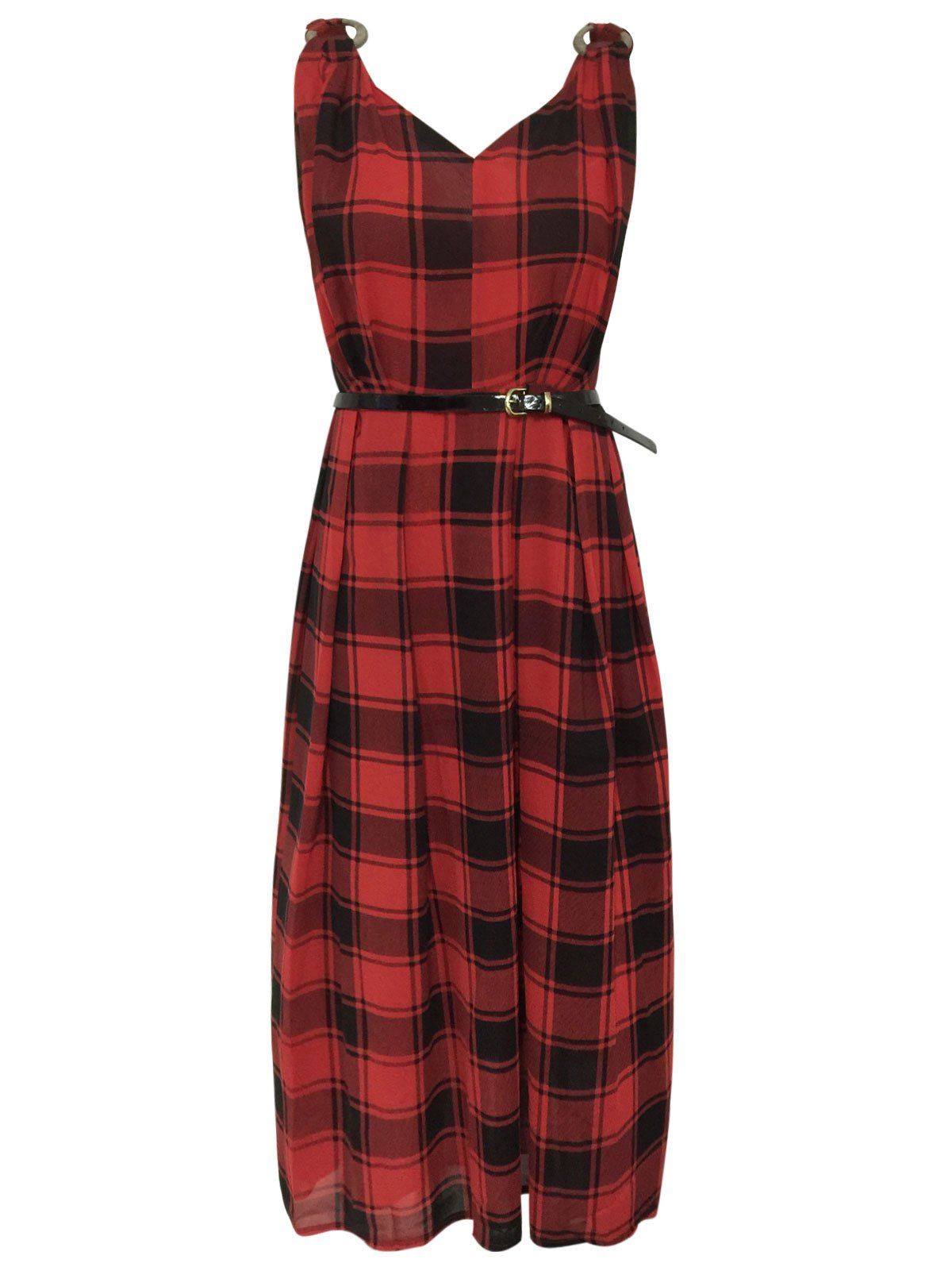 

Checkered Pattern Hollow Out Belted Dress, Red