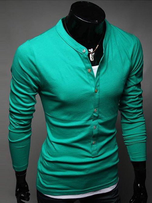 

Round Neck Buttons Design Long Sleeve Tee, Green