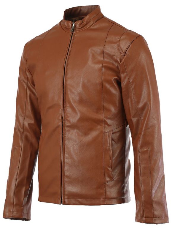 Zipper manches sertis stand de Collar Men  Faux Leather Jacket - Brun 2XL