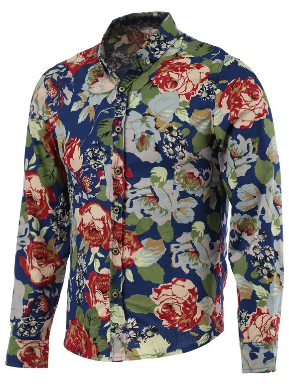 Big-fleurs Imprimer Turn-Bas col chemise manches longues pour les hommes - multicolore XL