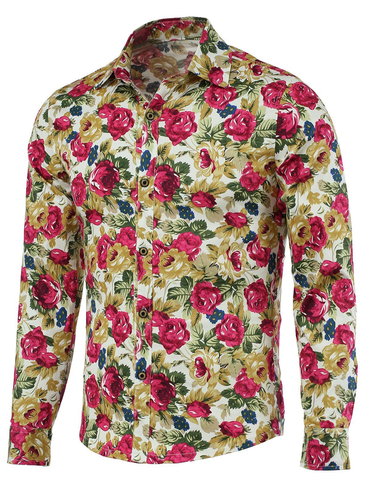 

Fashion Flowers Print Turn-Down Collar Long Sleeves Shirt For Men, Red