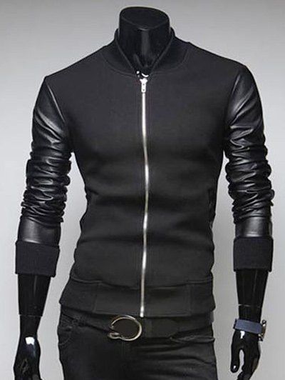 

PU Leather Sleeves Casual Jacket, Black