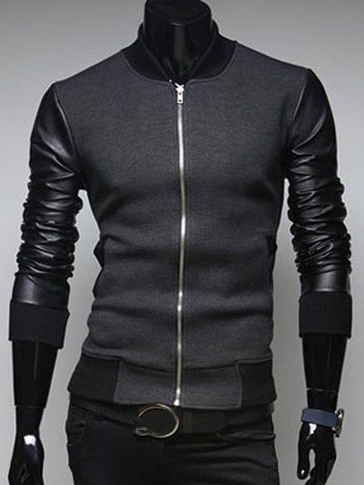 

PU Leather Sleeves Casual Jacket, Deep gray