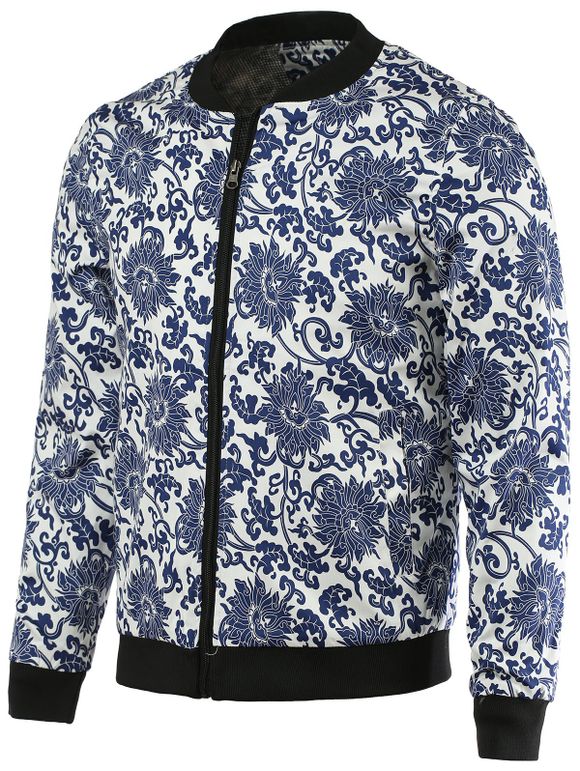Baseball Collar manches longues élégant Flower Print Jacket For Men - Bleu L