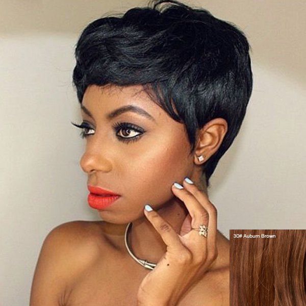 

Sophisticated Fluffy Short Capless Human Hair Wig, Auburn brown