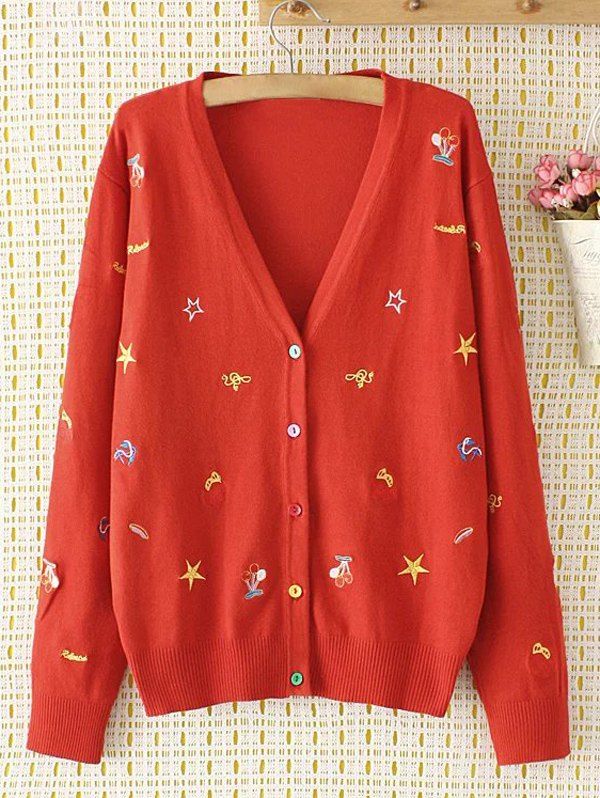 

Plus Size Cartoon Embroidered Cardigan, Red
