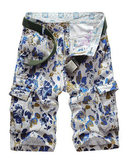 Poches multi Zipper Fly Floral Shorts Imprimer Cargo - Bleu 38