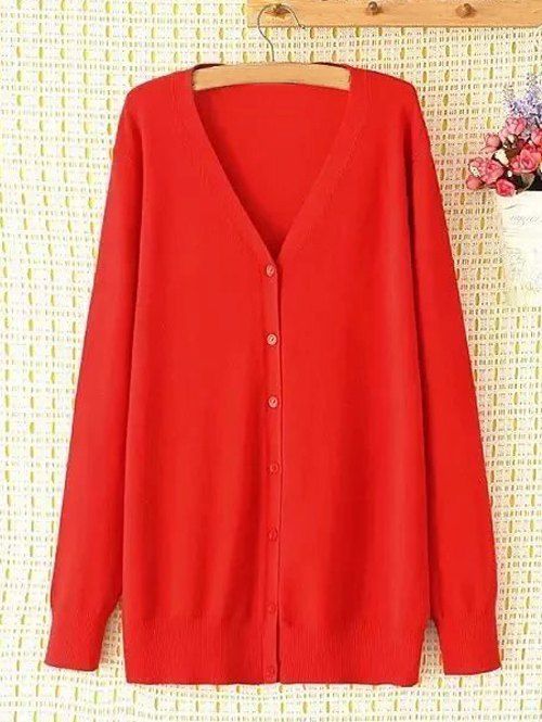 

Plus Size V Neck Single-Breasted Long Cardigan, Red
