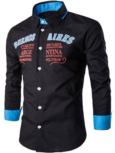 

Turn-down Collar Letter Print Long Sleeve Shirt, Black