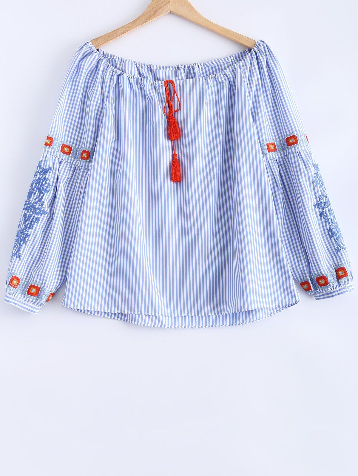 

Embroidered Drawstring Striped Blouse, Light blue