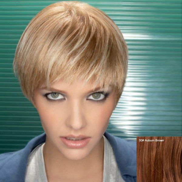 

Short Capless Virile Straight Neat Bang Human Hair Wig, Auburn brown