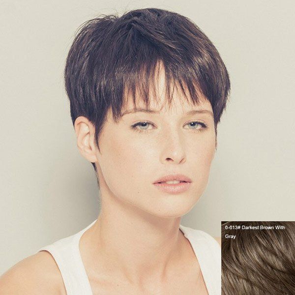 

Capless Virile Short Straight Neat Bang Human Hair Wig, Darkest brown with gray