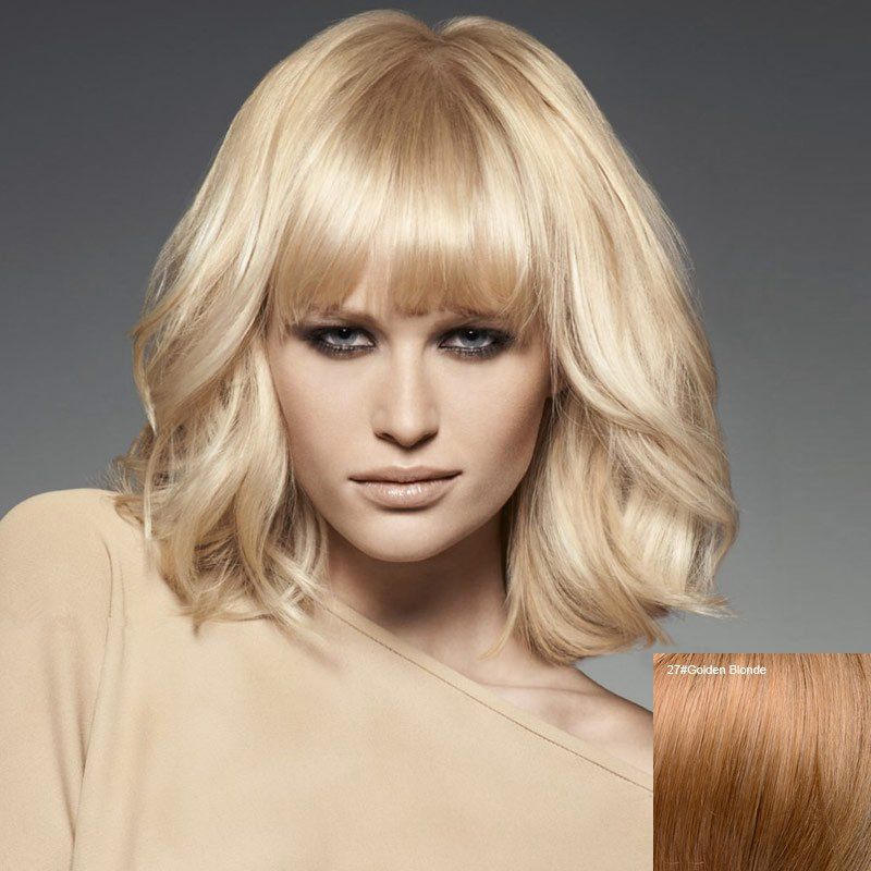 

Fascinating Fluffy Wavy Full Bang Medium Capless Human Hair Wig, Golden blonde
