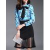 Bow Collar Floral Print Blouse + Voile Spliced ​​Jupe Twinset - Pers S