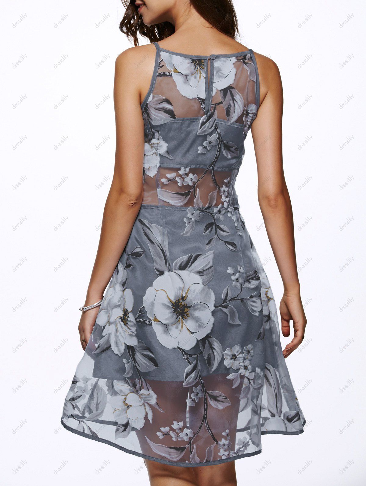 2018 Round Neck Sleeveless Spliced Flower Print Dress GRAY L In Print Dresses Online Store. Best 