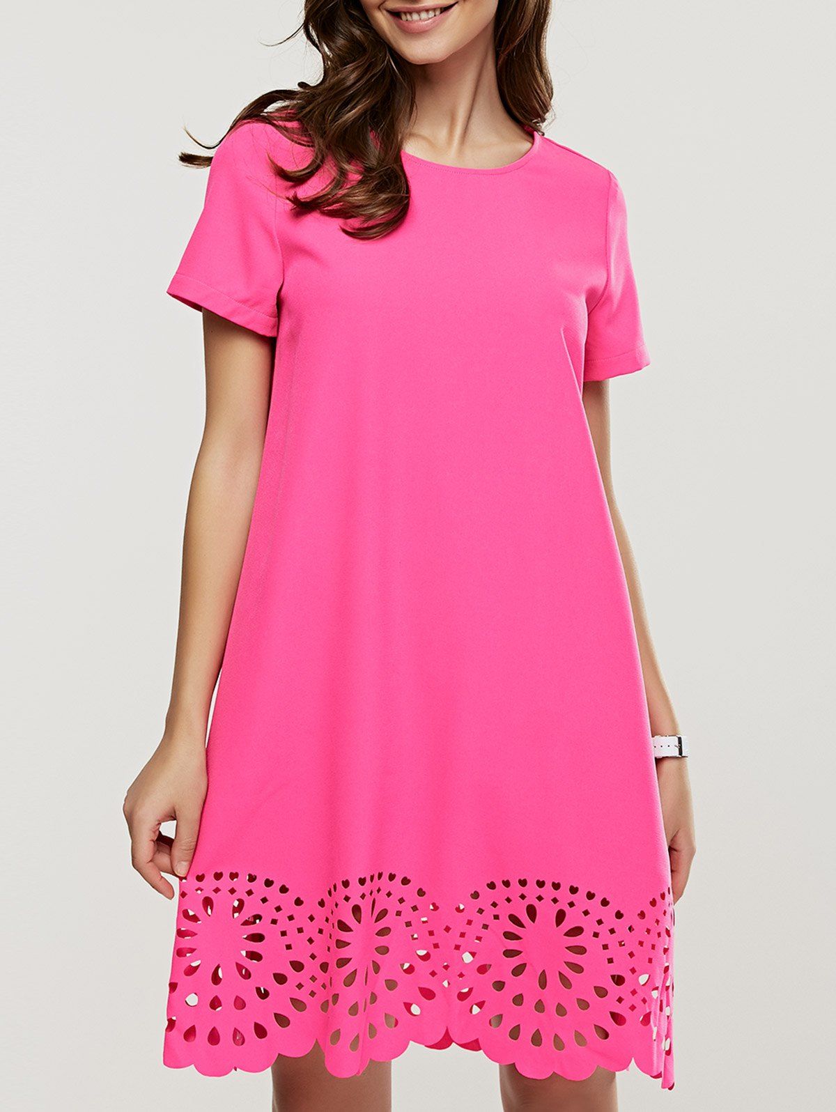 

Crochet Pure Color Short Sleeve Dress, Rose