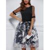 Jewel Neck Half T-shirt manches Patchwork Femmes Élégant  's + Jupe à fleurs - Noir S