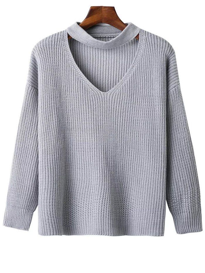 Drop Shoulder Sleeve Choker Sweater - GRAY ONE SIZE