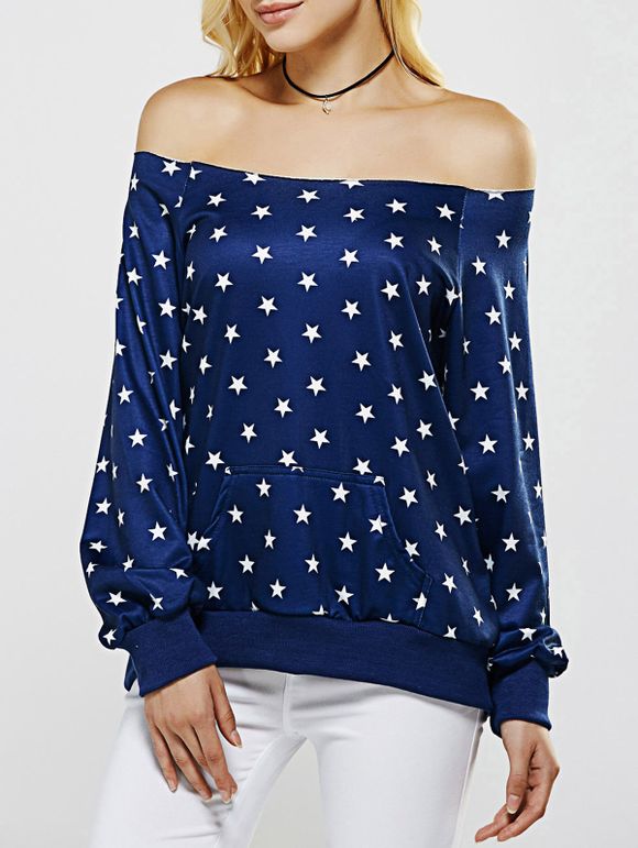 Off The Shoulder Cinq Étoile Sweatshirt Imprimer - Bleu XL