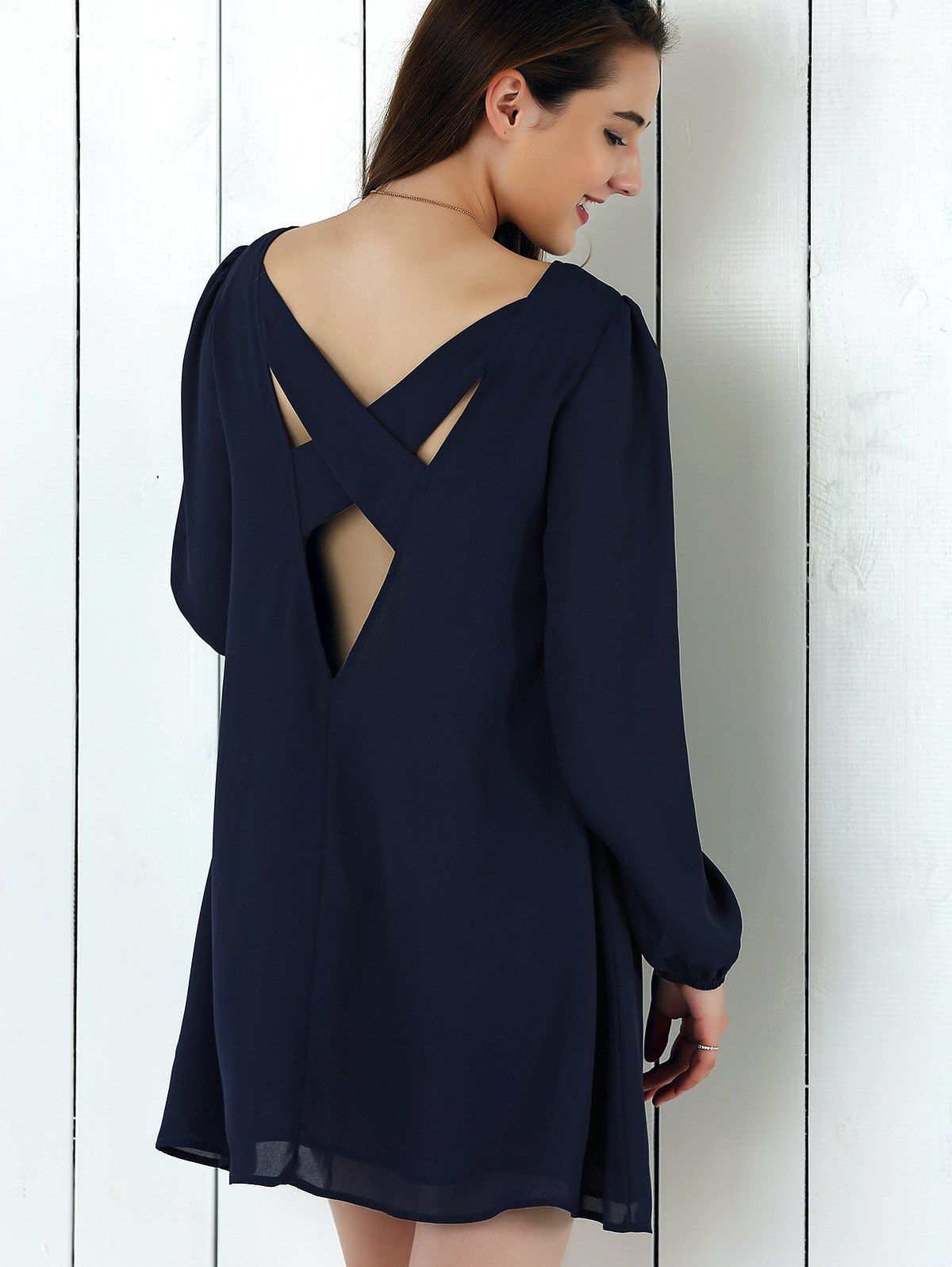 2018 Criss-Cross Long Sleeve Chiffon Dress PURPLISH BLUE M In Long ...