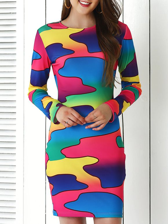 Brief Colorful Print Bodycon Dress - multicolore M