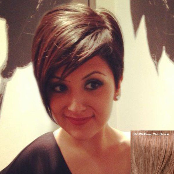 

Oblique Bang Charming Short Capless Human Hair Wig, Brown with blonde