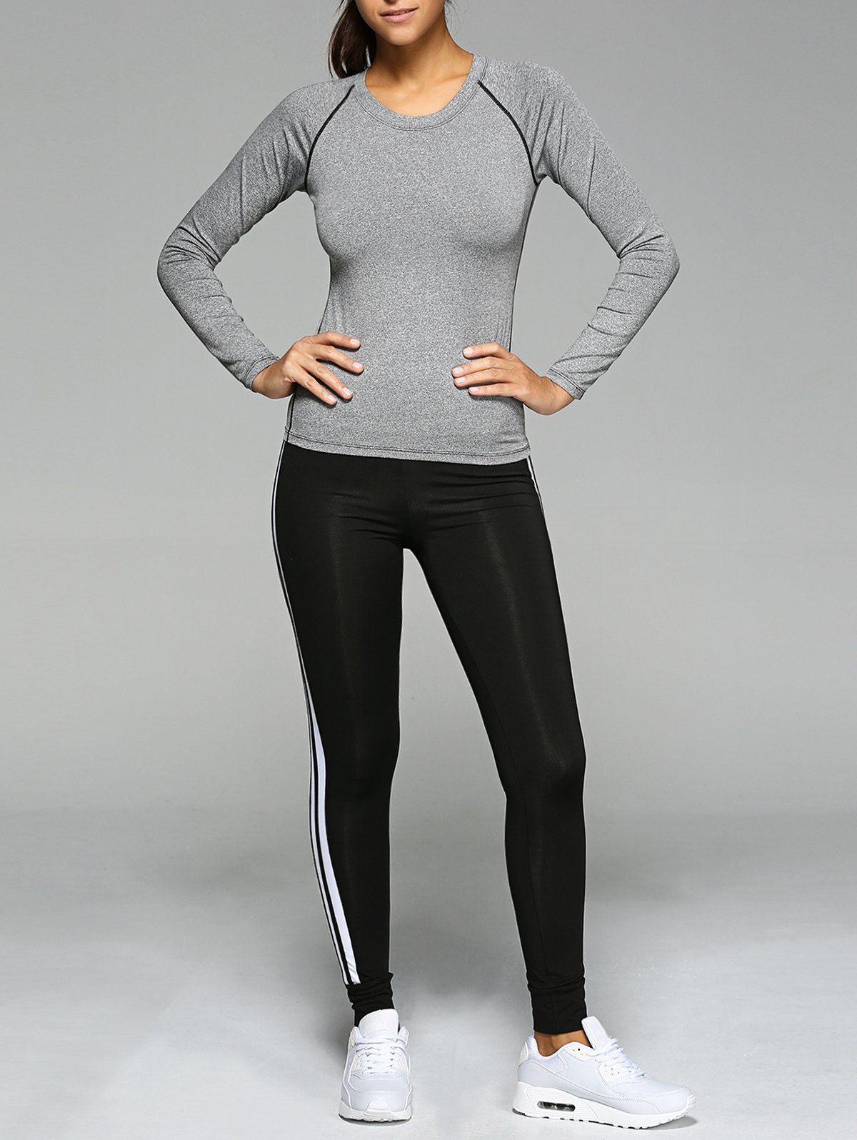 

Stretchy Varsity-Striped Skinny Slimming Sports Suit, Gray