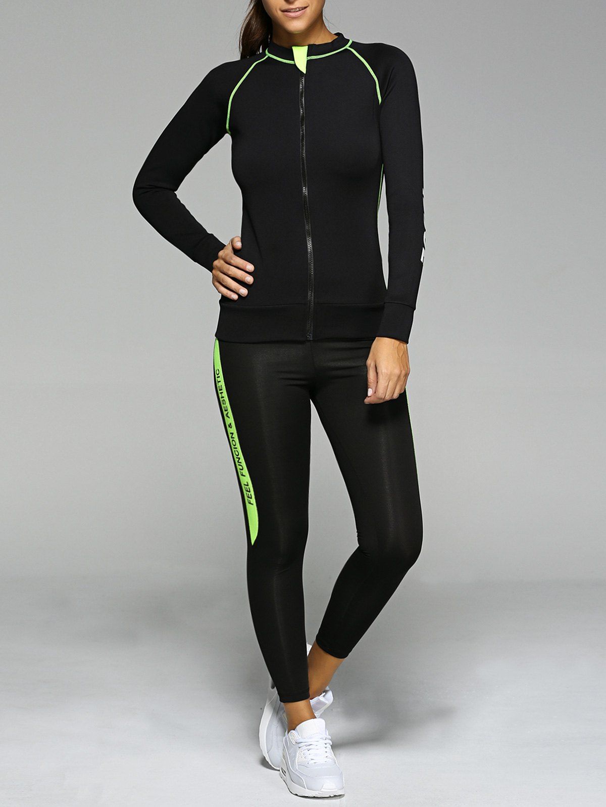 

Contrast Color Zippered Letter Pattern Sports Suit, Black