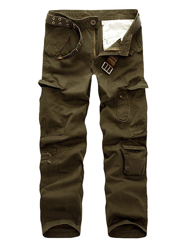 

Straight Leg Casual Zipper Fly Multi-Pockets Embellished Pants, Sage green