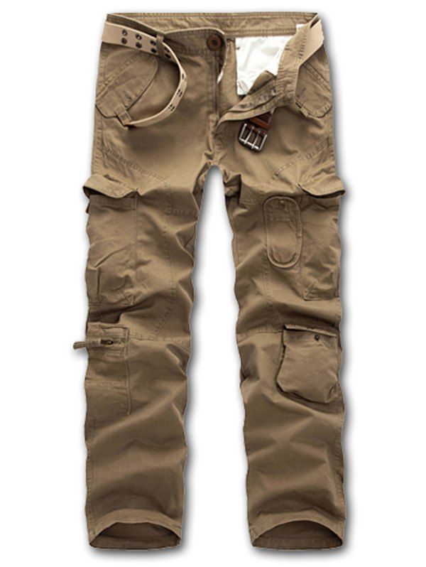

Straight Leg Casual Zipper Fly Multi-Pockets Embellished Pants, Khaki