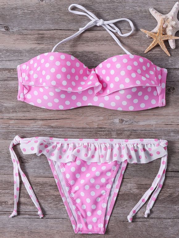 Polka Dot Douce Imprimer Bustier High Cut Bikini pour les femmes - Rose S