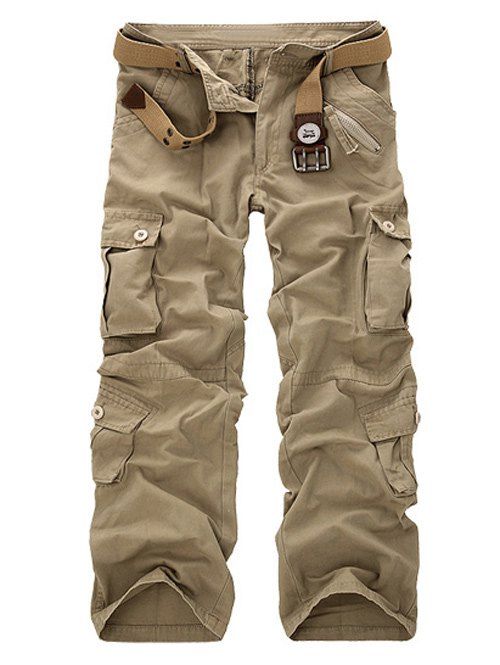 

Multi-Pockets Embellished Zipper Fly Straight Leg Pants, Light khaki