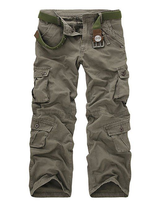 Multi-Pockets Embellished Zipper Fly Straight Leg Pants - SAGE GREEN 30