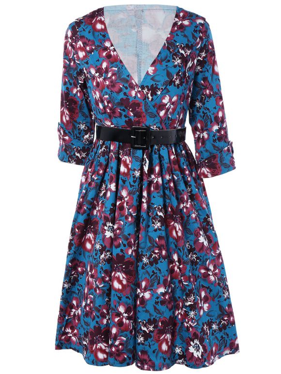 Retro Style Cuffed Sleeve Belted Floral Dress For Women - Bleu 2XL