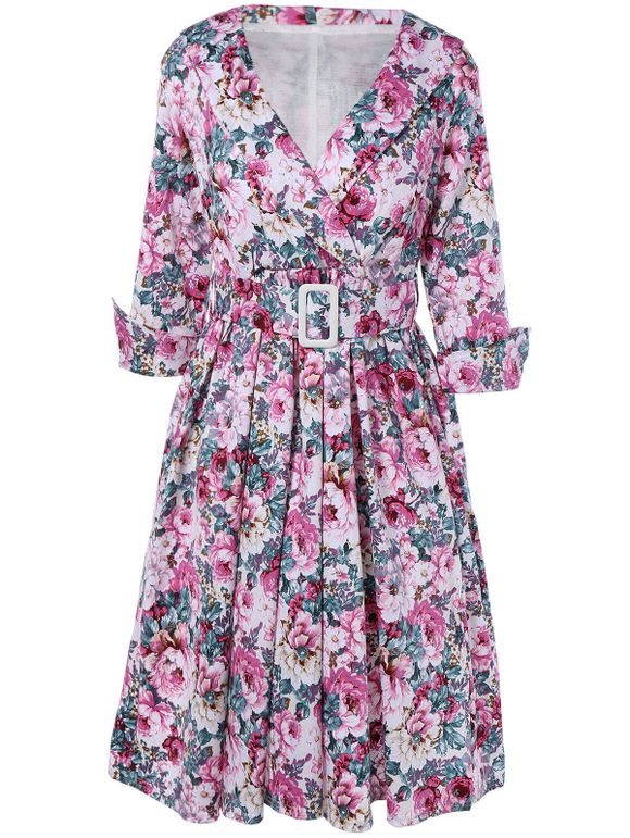 Robe Floral Vintage Surplice Shawl Collar revers ceinturée à manches pour les femmes - Rose 2XL