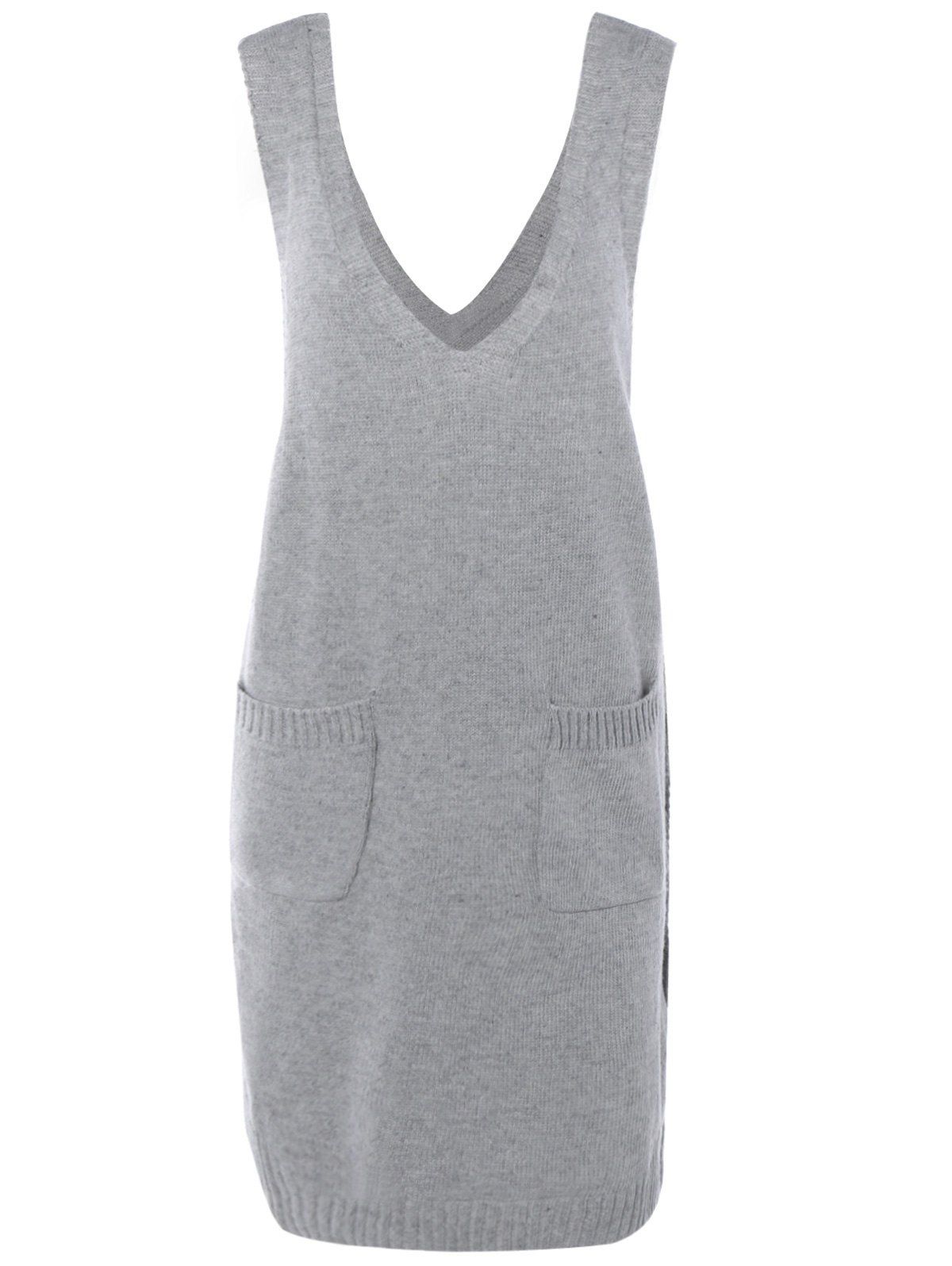 

V Neck Pocket Knitted Vest Dress, Gray