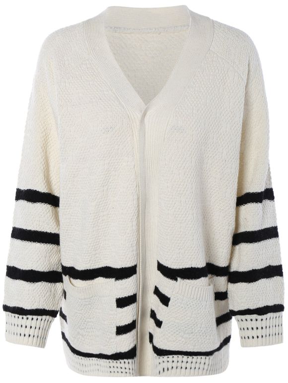 V-Neck Striped Pocket design Sweater - Blanc ONE SIZE